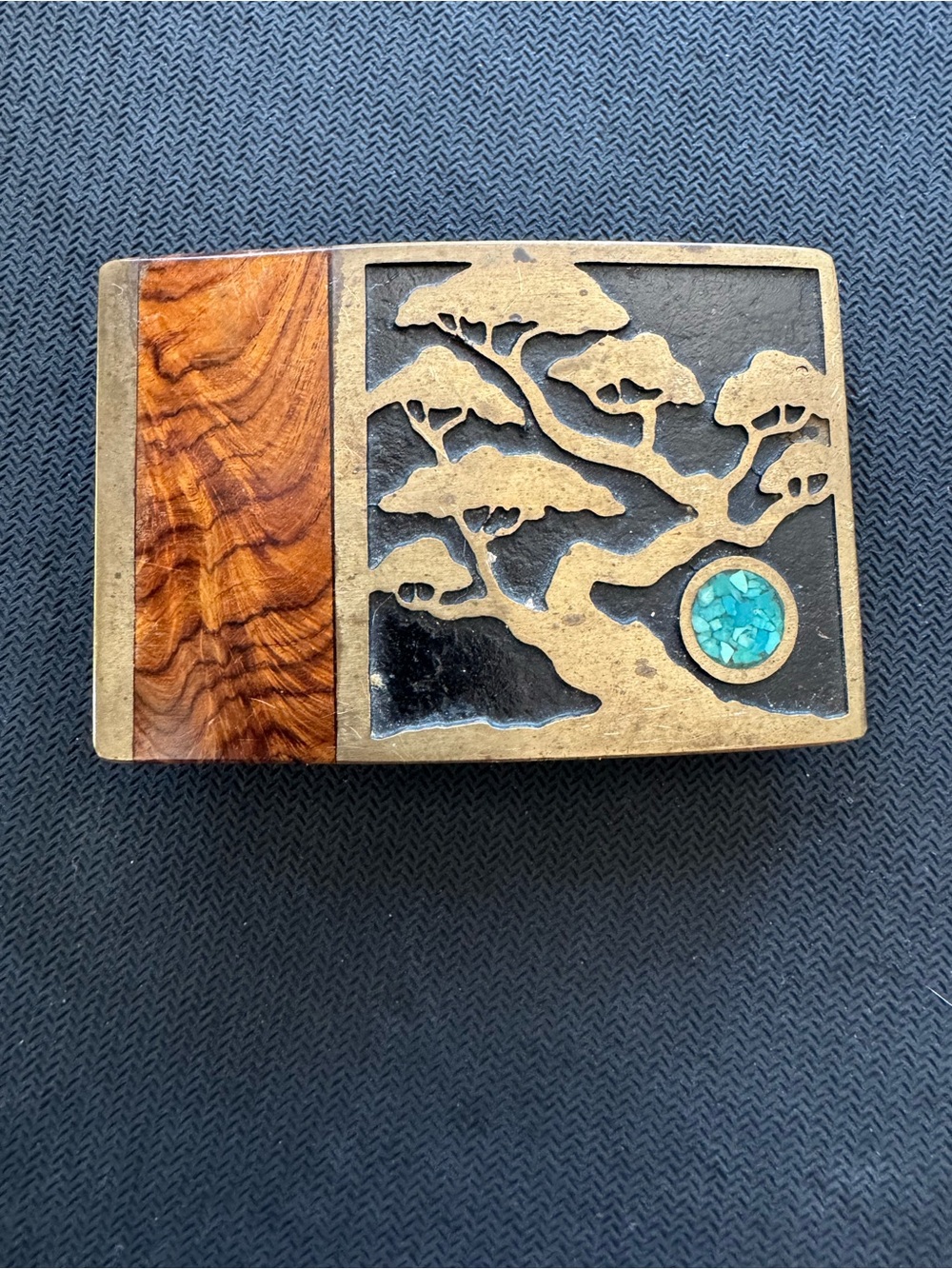 Vintage Kenneth Reid Southwestern Turquoise & Wood Inlay Brass Belt Buckle